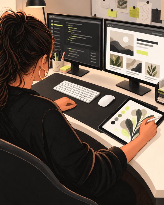 Illustration: Elly von hinten an ihrem Schreibtisch mit zwei Monitoren, sie zeichnet mit dem Stift auf dem iPad